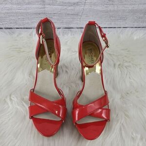 Michael Kors Red Patent Leather And Cork Strappy Heels